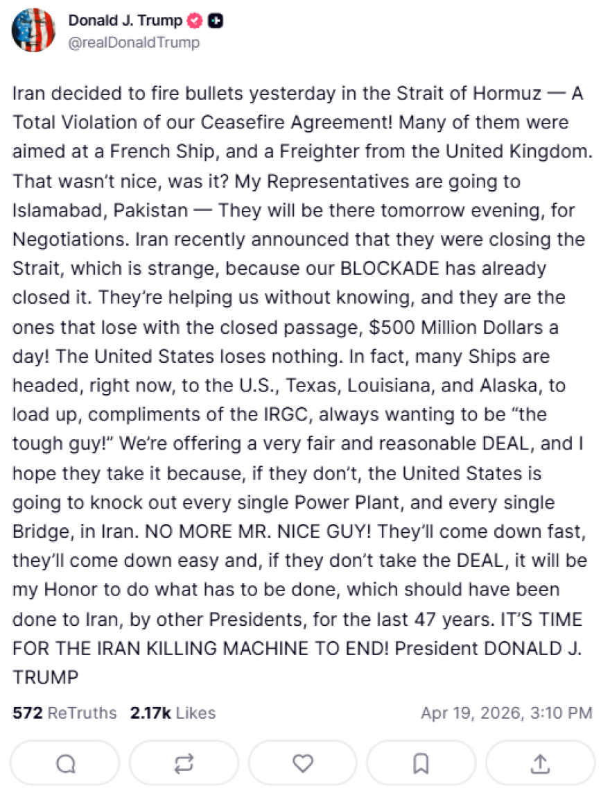 «Τελευταία ευκαιρία»: Ο Τραμπ απειλεί ξανά να «ανατινάξει όλο το Ιράν», αν δεν κάνει συμφωνία – Στέλνει στο Ισλαμαμπάντ Βανς με Γουίτκοφ και Κούσνερ για συνομιλίες