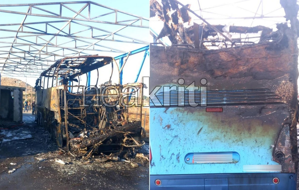 Φωτιά σε λεωφορείο δίπλα στο αεροδρόμιο Ηρακλείου – Στις φλόγες και προκάτ κτίριο
