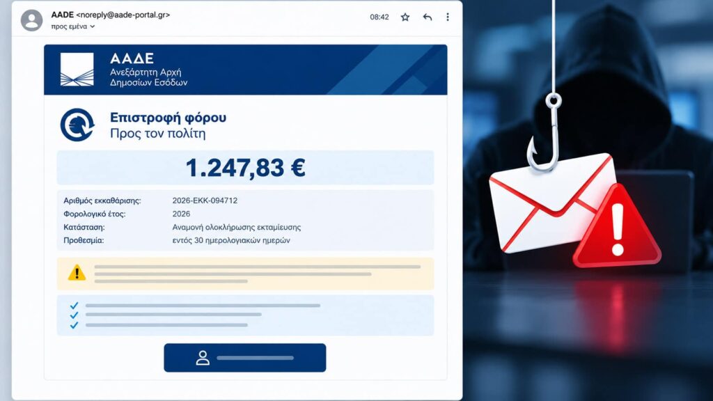 Ψεύτικο email «ΑΑΔΕ» υπόσχεται επιστροφή φόρου 1.247,83 € και ζητά κωδικούς και SMS