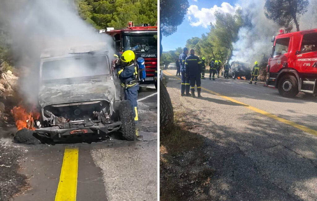 Τζιπ τυλίχθηκε στις φλόγες στις στροφές της Πάρνηθας: Κάηκε ολοσχερώς, πρόλαβαν την επέκταση της φωτιάς – Δείτε βίντεο